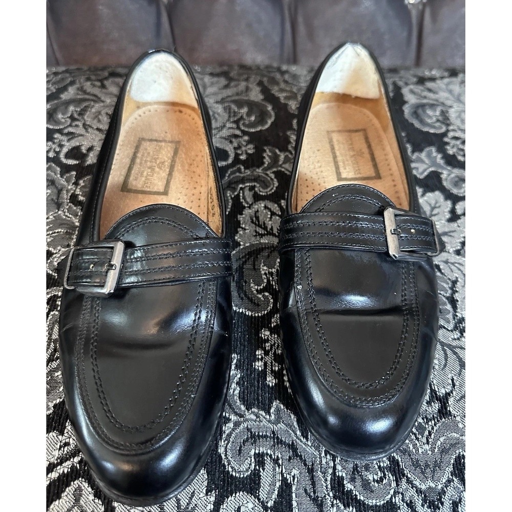 Stuart McGuire Loafer Shoes Womens Sz 6.5 Black Leather Buckle Flat Vintage Work